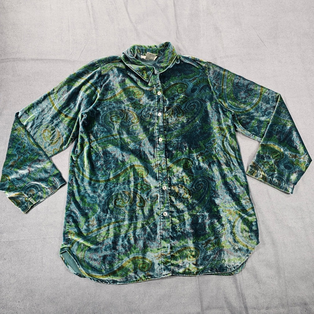 Soft Surroundings Velvet Button Down Womens M Blue Green Paisley Boho Shimmer